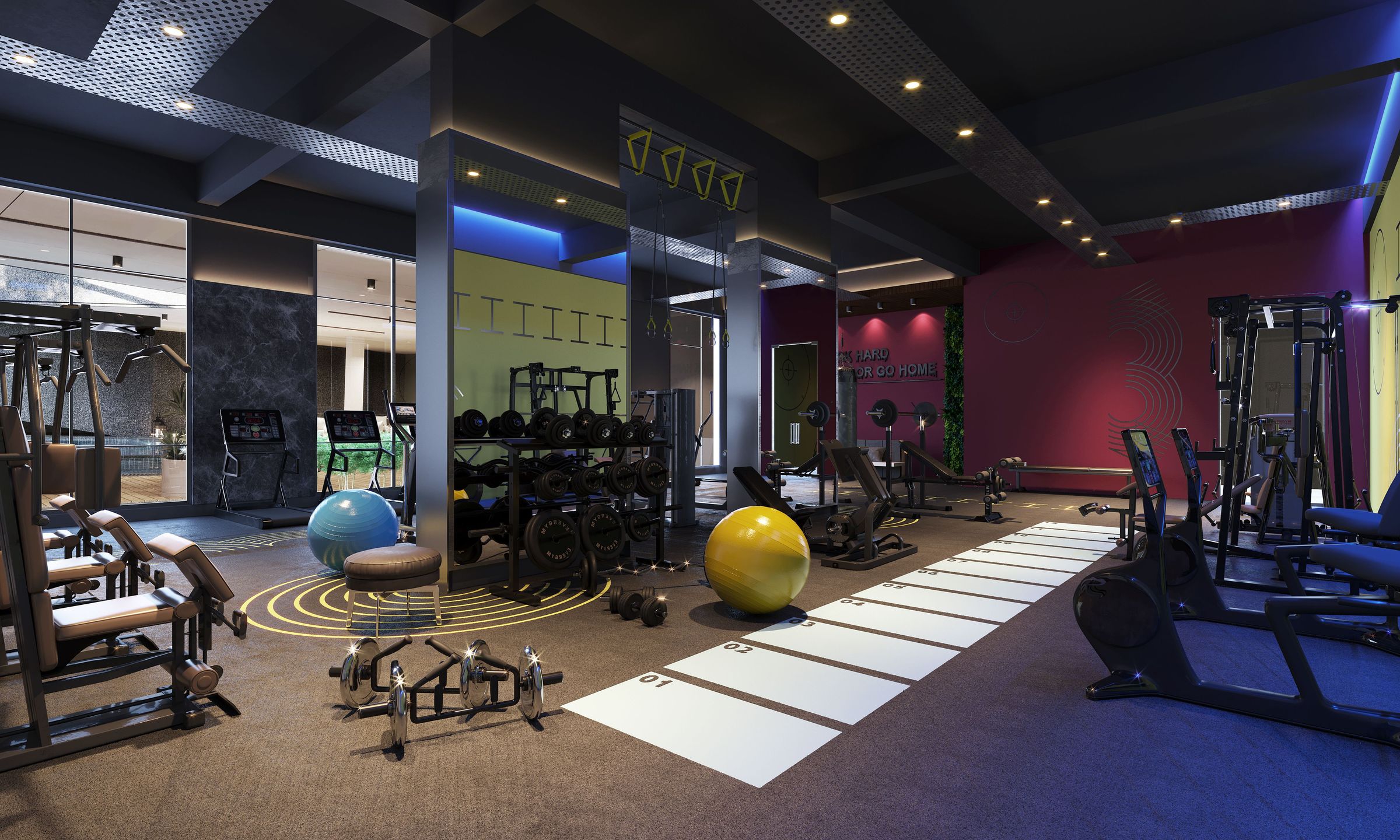 Interior do estúdio, com aparelhos de musculação, bolas suíças e área de treino iluminada.